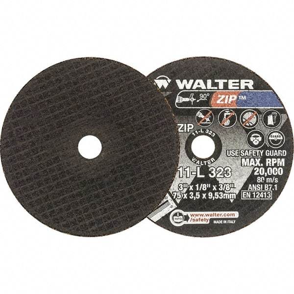 WALTER Surface Technologies - 3" 24 Grit Aluminum Oxide Cutoff Wheel - 1/8" Thick, 3/8" Arbor, 20,000 Max RPM, Use with Die Grinders - Exact Tool & Supply