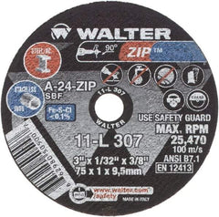 WALTER Surface Technologies - 3" 24 Grit Aluminum Oxide Cutoff Wheel - 1/32" Thick, 3/8" Arbor, 25,470 Max RPM, Use with Die Grinders - Exact Tool & Supply