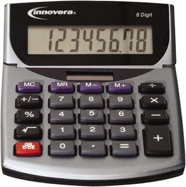 innovera - 8-Digit LCD Portable Calculator - Silver & Black, Solar & Battery Powered, 8.19" Long x 5.98" Wide - Exact Tool & Supply