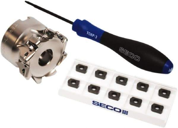 Seco - CVD Finish Micrograin Grade Carbide High Feed Milling Tip Insert Holder Kit - 2" Cut Diam, 2" Shank Diam, 1" OAL, 2" Cut Width, 0.035" Depth of Cut, 8 Flutes, Tool Steel Toolholder, Through Coolant, Series Master Mill - Exact Tool & Supply