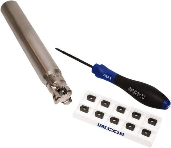 Seco - CVD Finish Micrograin Grade Carbide High Feed Milling Tip Insert Holder Kit - 1" Cut Diam, 1" Shank Diam, 7" OAL, 1" Cut Width, 0.035" Depth of Cut, 3 Flutes, Tool Steel Toolholder, Through Coolant, Series Master Mill - Exact Tool & Supply