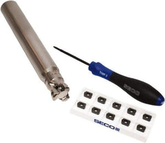 Seco - CVD Finish Micrograin Grade Carbide High Feed Milling Tip Insert Holder Kit - 1" Cut Diam, 1" Shank Diam, 7" OAL, 1" Cut Width, 0.035" Depth of Cut, 3 Flutes, Tool Steel Toolholder, Through Coolant, Series Master Mill - Exact Tool & Supply