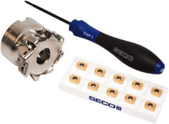Seco - CVD Finish Micrograin Grade Carbide High Feed Milling Tip Insert Holder Kit - 2" Cut Diam, 2" Shank Diam, 1" OAL, 2" Cut Width, 0.035" Depth of Cut, 8 Flutes, Tool Steel Toolholder, Through Coolant, Series Master Mill - Exact Tool & Supply