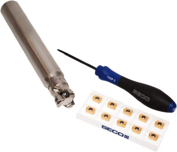 Seco - CVD Finish Micrograin Grade Carbide High Feed Milling Tip Insert Holder Kit - 1" Cut Diam, 1" Shank Diam, 7" OAL, 1" Cut Width, 0.035" Depth of Cut, 3 Flutes, Tool Steel Toolholder, Through Coolant, Series Master Mill - Exact Tool & Supply