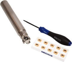 Seco - CVD Finish Micrograin Grade Carbide High Feed Milling Tip Insert Holder Kit - 1" Cut Diam, 1" Shank Diam, 7" OAL, 1" Cut Width, 0.035" Depth of Cut, 3 Flutes, Tool Steel Toolholder, Through Coolant, Series Master Mill - Exact Tool & Supply