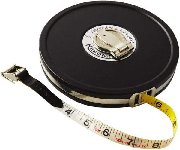 Keson - 100' x 1/2" Tape Measure - 1/8, 1/10 & 1/100" Graduation - Exact Tool & Supply