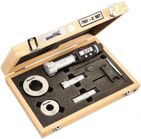 Starrett - 20 to 50mm, 80mm Gage Depth, 0.001mm Resolution, Friction Thimble, IP65 Electronic Inside Hole Micrometer Set - Accurate to 0.004mm, 1 Head, 3 Anvils, 2 Setting Rings, Data Output, Instant Inch/Millimeter Conversion - Exact Tool & Supply