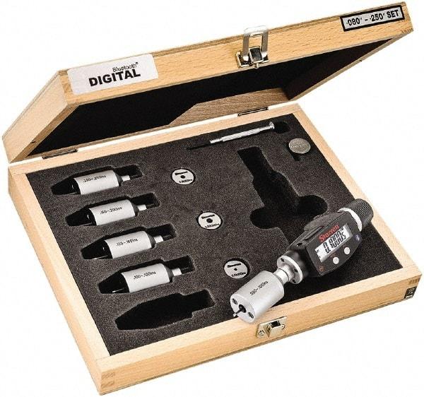 Starrett - 2 to 6mm, 18mm Gage Depth, 0.001mm Resolution, Friction Thimble, IP65 Electronic Inside Hole Micrometer Set - Accurate to 0.004mm, 1 Head, 5 Anvils, 3 Setting Rings, Data Output, Instant Inch/Millimeter Conversion - Exact Tool & Supply