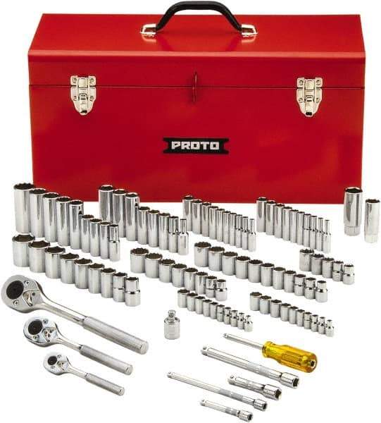 Proto - 101 Piece 1/4", 3/8" & 1/2" Drive Chrome Finish Deep Well Socket Set - 6, 8, 12 Points, 1/4" to 1" (4mm to 19mm) Range, Inch/Metric Measurement Standard - Exact Tool & Supply