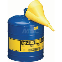 Justrite - Safety Dispensing Cans; Capacity: 5 Gal. ; Material: Steel ; Color: Blue ; Height (Decimal Inch): 16.875000 ; Diameter/Length (mm): 11.75 ; Approval Listing/Regulations: FM Approved; UL; ULC; TUV - Exact Tool & Supply