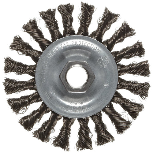 ‎Vortec Pro 4″ Knot Wire Wheel, Standard Twist, .014″ Steel Fill, 5/8″-11 UNC Nut, Retail Pack - Exact Tool & Supply
