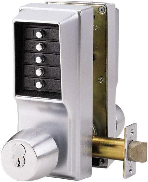 Kaba Access - 1-3/4 to 2-1/4" Door Thickness, Satin Chrome Pushbutton Knob Lockset - 2-3/4" Back Set, 1 Code, Zamak3, No Cylinder - Exact Tool & Supply