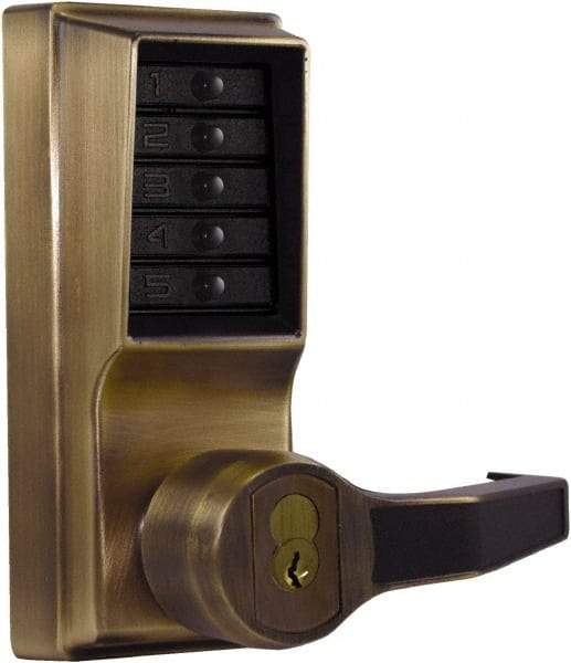 Kaba Access - Combination Entry Lever Lockset with Key Override - 2-3/4" Back Set, No Cylinder, Zamak3, Antique Brass Finish - Exact Tool & Supply