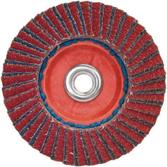 Norton - 36 Grit, 5" Disc Diam, 5/8-11 Center Hole, Type 27 Ceramic Alumina Flap Disc - 12,000 Max RPM, Plastic Backing, Arbor Attaching System, Coated - Exact Tool & Supply