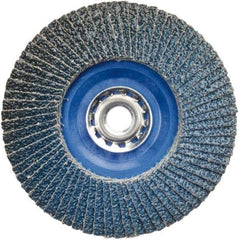 Norton - 40 Grit, 5" Disc Diam, 5/8-11 Center Hole, Type 27 Zirconia Alumina Flap Disc - 12,000 Max RPM, Plastic Backing, Arbor Attaching System, Coated - Exact Tool & Supply