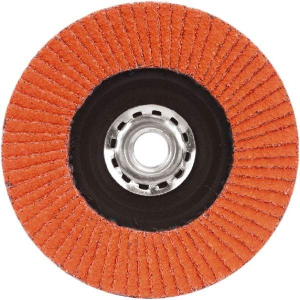 Norton - 120 Grit, 5" Disc Diam, 5/8-11 Center Hole, Type 27 Ceramic Alumina Flap Disc - 12,000 Max RPM, Plastic Backing, Arbor Attaching System, Coated - Exact Tool & Supply