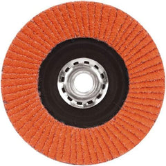 Norton - 120 Grit, 5" Disc Diam, 5/8-11 Center Hole, Type 27 Ceramic Alumina Flap Disc - 12,000 Max RPM, Plastic Backing, Arbor Attaching System, Coated - Exact Tool & Supply