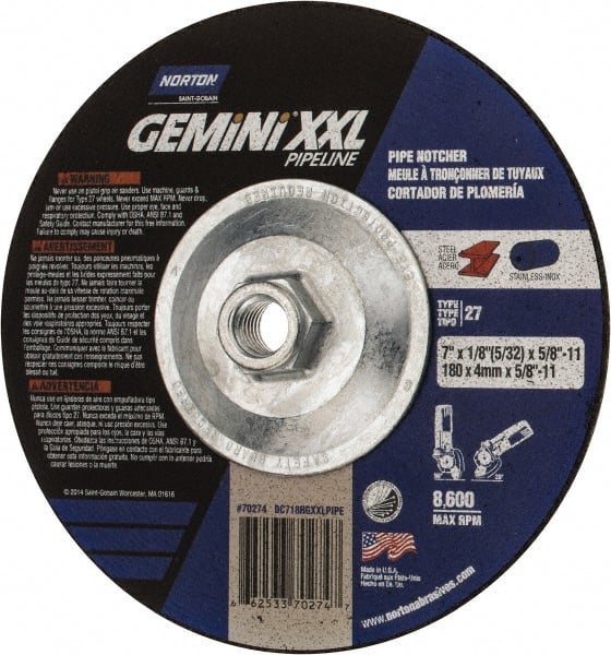 Norton - 7" Diam x 1/8" Thick x 5/8-11 Threaded Arbor, Type 27 Depressed Center Wheel - Exact Tool & Supply