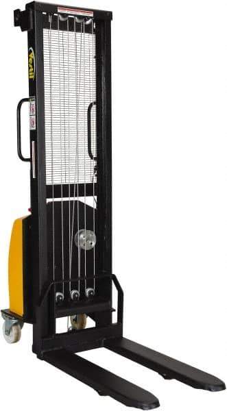 Vestil - 770 Lb Capacity, 59" Lift Height, Battery Powered Stacker - 3-3/8" Lowered Height, 30" Fork Length, 26-3/4" Overall Width - Exact Tool & Supply