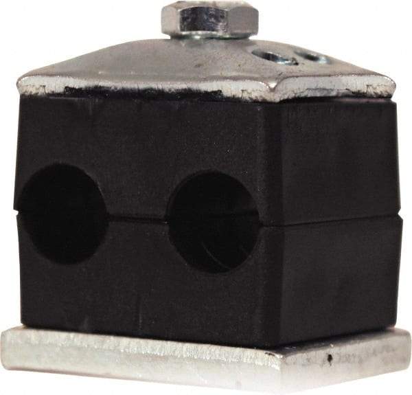 HYDAC - 1.46" Wide x 1.69" High x 1.18" Deep, Polypropylene Twin Vibration-Control Clamp - Carbon Steel Plate, Mount with Weld Plate, Top Plate, Plastic Clamp Pair, Bolts - Exact Tool & Supply