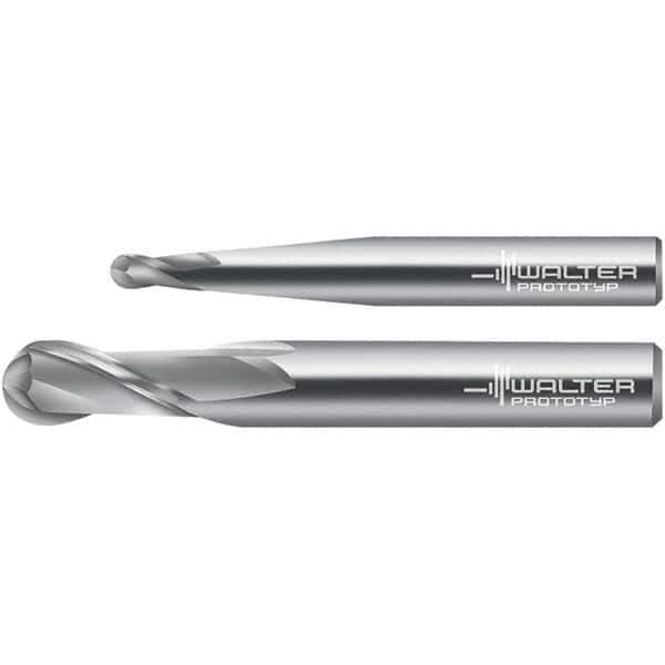 Walter-Prototyp - 10mm Diam, 19mm LOC, 2 Flute Solid Carbide Ball End Mill - Uncoated, Single End, 100mm OAL, 10mm Shank Diam, Spiral Flute - Exact Tool & Supply