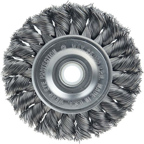 Vortec Pro 3″ Knot Wire Wheel, Standard Twist, .014″ , 1/2″-3/8″ Arbor Hole, Steel Wire - Exact Tool & Supply