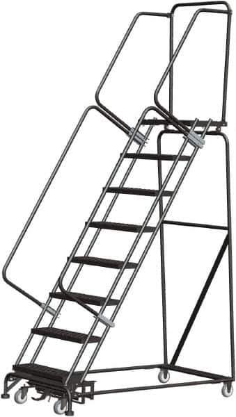 Ballymore - 113" 8 Step Rolling Warehouse Ladder - Lock Step Rolling Safety Ladder, 450 Lb Capacity, 80" Platform Height, 32" Base Width x 61" Base Depth, Perforated Tread - Exact Tool & Supply