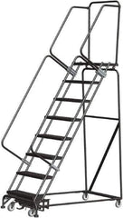 Ballymore - 113" 8 Step Rolling Warehouse Ladder - Lock Step Rolling Safety Ladder, 450 Lb Capacity, 80" Platform Height, 32" Base Width x 61" Base Depth, Perforated Tread - Exact Tool & Supply