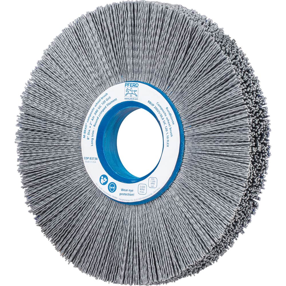 PFERD - Wheel Brushes; Outside Diameter (Inch): 8 ; Wire Type: Crimped; Round ; Fill Material: Nylon; Silicon Carbide ; Trim Length (Inch): 2-1/4 ; Filament Wire Diameter Range: 0.0300 & Above ; Maximum RPM: 3600.000 - Exact Tool & Supply