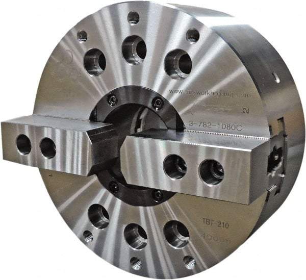 TMX - 2 Jaws, 6" Chuck Diam, Plain Back Mount, 1.811" Through Hole, Drawtube, Hydraulic Power Lathe Chuck - 0.5118" to 6.6535" Jaw Capacity, 6,000 RPM - Exact Tool & Supply