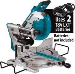 Makita - 36 Amp, 18 Volt, 4,400 RPM, 60° Double Bevel Sliding Miter Saw - 5/8" Arbor, 10" Blade Diam, Includes Vertical Vise, Dust Bag, Triangular Rule, Hex Wrench & 10" x 5/8" 40T Micro-Polished Miter Saw Blade - Exact Tool & Supply