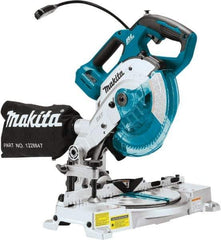 Makita - 36 Amp, 18 Volt, 5,000 RPM, 52° Double Bevel Miter Saw - 5/8" Arbor, 6-1/2" Blade Diam, Includes Triangular Rule, Vertical Vise, Dust Bag, (1) 6-1/2" x 5/8" 64T Micro-Polished Miter Saw Blade & Hex Wrench - Exact Tool & Supply