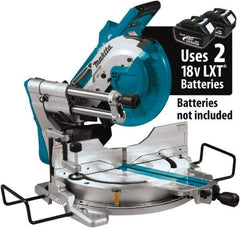 Makita - 36 Amp, 18 Volt, 4,400 RPM, 60° Double Bevel Sliding Miter Saw - 5/8" Arbor, 10" Blade Diam, Includes Vertical Vise, Triangular Rule, Dust Bag, Hex Wrench, 10" x 5/8" 40T Micro-Polished Miter Saw Blade & Wireless Unit - Exact Tool & Supply