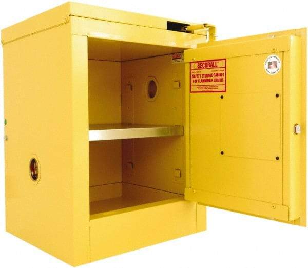 Securall Cabinets - 1 Door, 1 Shelf, Yellow Steel Standard Safety Cabinet for Flammable and Combustible Liquids - 24" High x 17" Wide x 17" Deep, Self Closing Door, 3 Point Key Lock, 4 Gal Capacity - Exact Tool & Supply