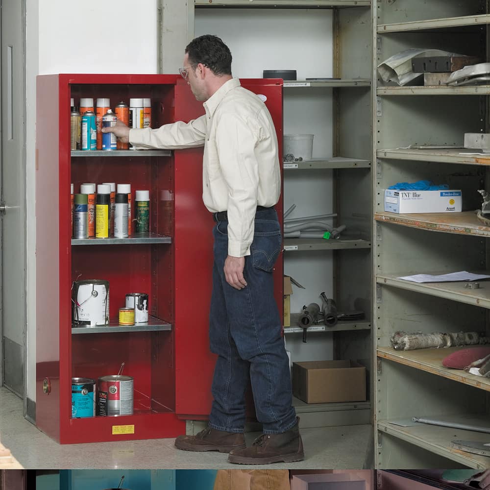 Justrite - 1 Door 3 Shelf 22 Gal Space Saver Safety Cabinet for Flammable Substances - Exact Tool & Supply