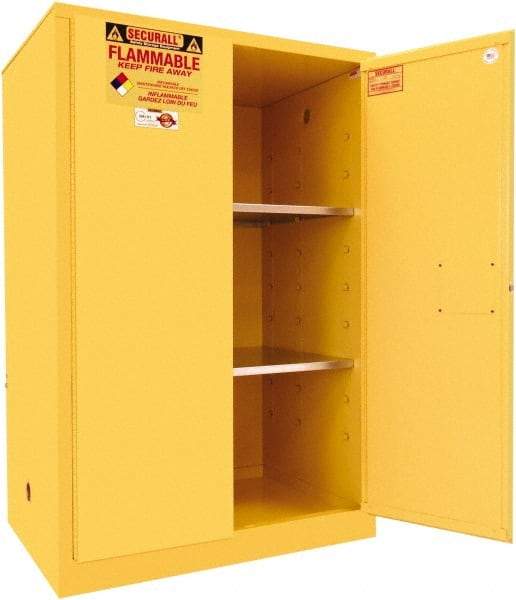 Securall Cabinets - 2 Door, 2 Shelf, Yellow Steel Standard Safety Cabinet for Flammable and Combustible Liquids - 65" High x 43" Wide x 31" Deep, Manual Closing Door, 3 Point Key Lock, 90 Gal Capacity - Exact Tool & Supply