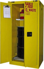 Securall Cabinets - 31" Wide x 31" Deep x 67" High, 18 Gauge Steel Vertical Drum Cabinet with 3 Point Key Lock - Yellow, Self-Closing Door, 1 Shelf, 1 Drum, Drum Rollers Included - Exact Tool & Supply