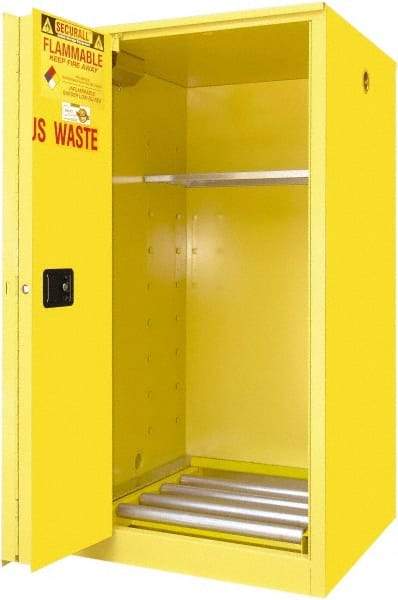 Securall Cabinets - 34" Wide x 34" Deep x 65" High, 18 Gauge Steel Vertical Drum Cabinet with 3 Point Key Lock - Yellow, Self-Closing Door, 1 Shelf, 1 Drum, Drum Rollers Included - Exact Tool & Supply