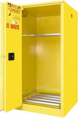 Securall Cabinets - 34" Wide x 34" Deep x 65" High, 18 Gauge Steel Vertical Drum Cabinet with 3 Point Key Lock - Yellow, Self-Closing Door, 1 Shelf, 1 Drum, Drum Rollers Included - Exact Tool & Supply