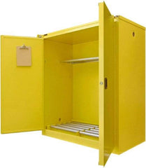 Securall Cabinets - 56" Wide x 31" Deep x 67" High, 18 Gauge Steel Vertical Drum Cabinet with 3 Point Key Lock - Yellow, Self-Closing Door, 1 Shelf, 2 Drums, Drum Rollers Included - Exact Tool & Supply