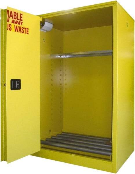 Securall Cabinets - 43" Wide x 31" Deep x 65" High, 18 Gauge Steel Vertical Drum Cabinet with 3 Point Key Lock - Yellow, Self-Closing Door, 1 Shelf, 2 Drums, Drum Rollers Included - Exact Tool & Supply