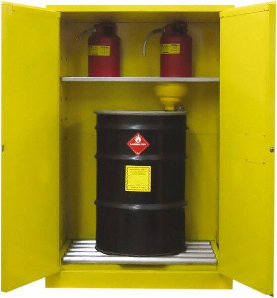 Securall Cabinets - 43" Wide x 31" Deep x 67" High, 18 Gauge Steel Vertical Drum Cabinet with 3 Point Key Lock - Yellow, Self-Closing Door, 1 Shelf, 2 Drums, Drum Rollers Included - Exact Tool & Supply