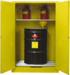 Securall Cabinets - 43" Wide x 31" Deep x 67" High, 18 Gauge Steel Vertical Drum Cabinet with 3 Point Key Lock - Yellow, Self-Closing Door, 1 Shelf, 2 Drums, Drum Rollers Included - Exact Tool & Supply