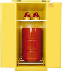 Securall Cabinets - 31" Wide x 31" Deep x 67" High, 18 Gauge Steel Vertical Drum Cabinet with 3 Point Key Lock - Yellow, Self-Closing Door, 1 Shelf, 1 Drum, Drum Rollers Included - Exact Tool & Supply