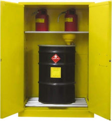 Securall Cabinets - 43" Wide x 31" Deep x 65" High, 18 Gauge Steel Vertical Drum Cabinet with 3 Point Key Lock - Yellow, Sliding Door Door, 1 Shelf, 2 Drums, Drum Rollers Included - Exact Tool & Supply
