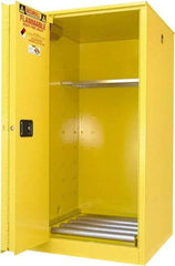 Securall Cabinets - 34" Wide x 34" Deep x 65" High, 18 Gauge Steel Vertical Drum Cabinet with 3 Point Key Lock - Yellow, Sliding Door Door, 1 Shelf, 1 Drum, Drum Rollers Included - Exact Tool & Supply