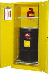 Securall Cabinets - 31" Wide x 31" Deep x 65" High, 18 Gauge Steel Vertical Drum Cabinet with 3 Point Key Lock - Yellow, Manual Closing Door, 1 Shelf, 1 Drum, Drum Rollers Included - Exact Tool & Supply