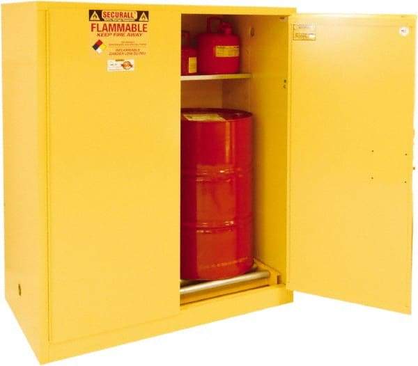 Securall Cabinets - 56" Wide x 31" Deep x 65" High, 18 Gauge Steel Vertical Drum Cabinet with 3 Point Key Lock - Yellow, Manual Closing Door, 3 Shelves, 1 Drum, Drum Rollers Included - Exact Tool & Supply