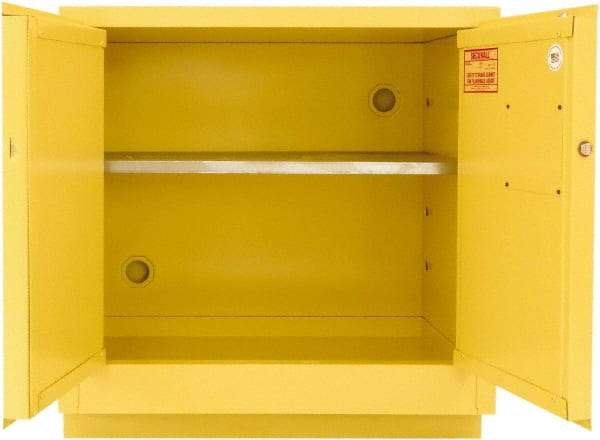 Securall Cabinets - 2 Door, 1 Shelf, Yellow Steel Under the Counter Safety Cabinet for Flammable and Combustible Liquids - 35-9/16" High x 35" Wide x 22" Deep, Manual Closing Door, 3 Point Key Lock, 24 Gal Capacity - Exact Tool & Supply