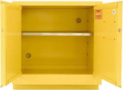 Securall Cabinets - 2 Door, 1 Shelf, Yellow Steel Under the Counter Safety Cabinet for Flammable and Combustible Liquids - 35-9/16" High x 35" Wide x 22" Deep, Manual Closing Door, 3 Point Key Lock, 24 Gal Capacity - Exact Tool & Supply